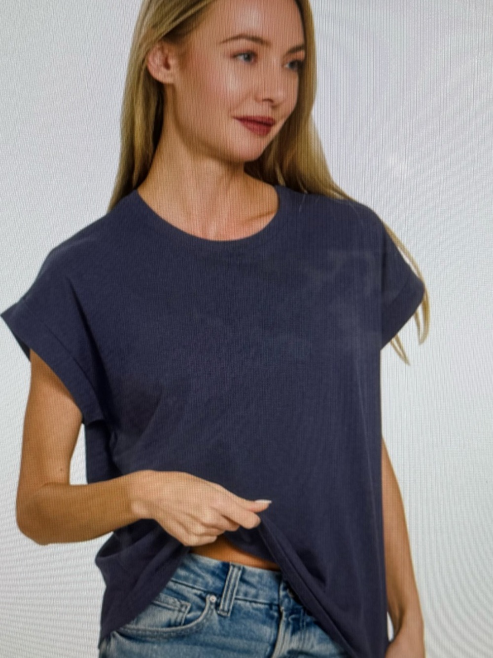 Z1 NAVY Zenana Round Neck Folded Short Sleeve T-Shirt Various Sizes